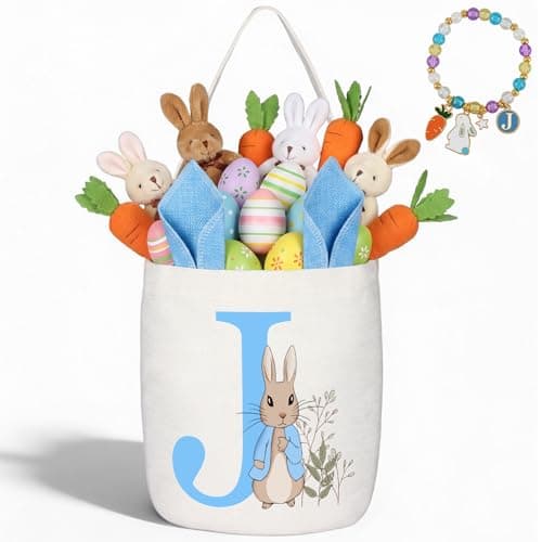 OXYEFEI Personalized Easter Basket, Bunny Egg Easter Basket with Initial for Girl Boy Kids (J, Blue)