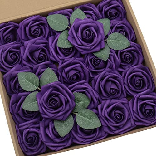 D-Seven Artificial Flowers 30PCS Real Looking Fake Roses with Stem for DIY Wedding Bouquets Centerpieces Party Baby Shower Home Decorations (Dark Purple)