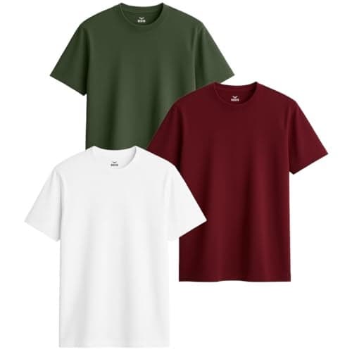 NOBERO Men's Cotton Solid Regular Fit T-Shirt (1M-TWTS-R0008_Olive/White/Wine Red, 2XL