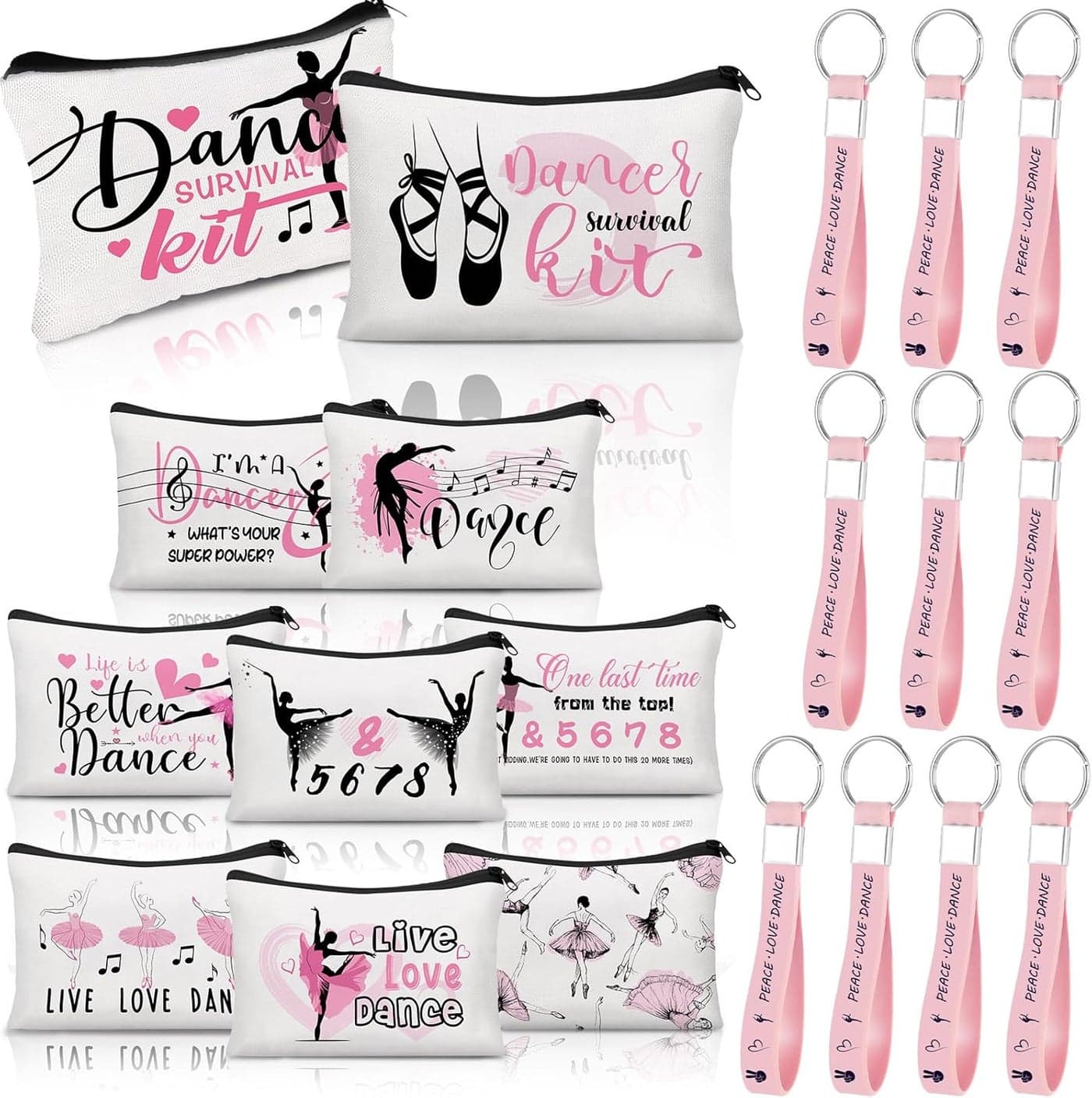 Kacctyen 20 Pcs Dance Gifts Bulk Dance Makeup Bag Dancer Cosmetic Bag 10 Pcs Ballet Makeup Bag 10 Pcs Silicone Quote Keychains Dance Stuff Dance Party Favor Zipper Pouch for Dance Team Women