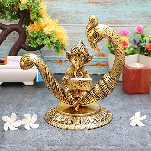 Nexplora Industries Pvt. Ltd. Metal Purely Handcrafted Ganesh Idol Ganpati Showpiece, Height 16 cm, Gold Antique, 1 Piece