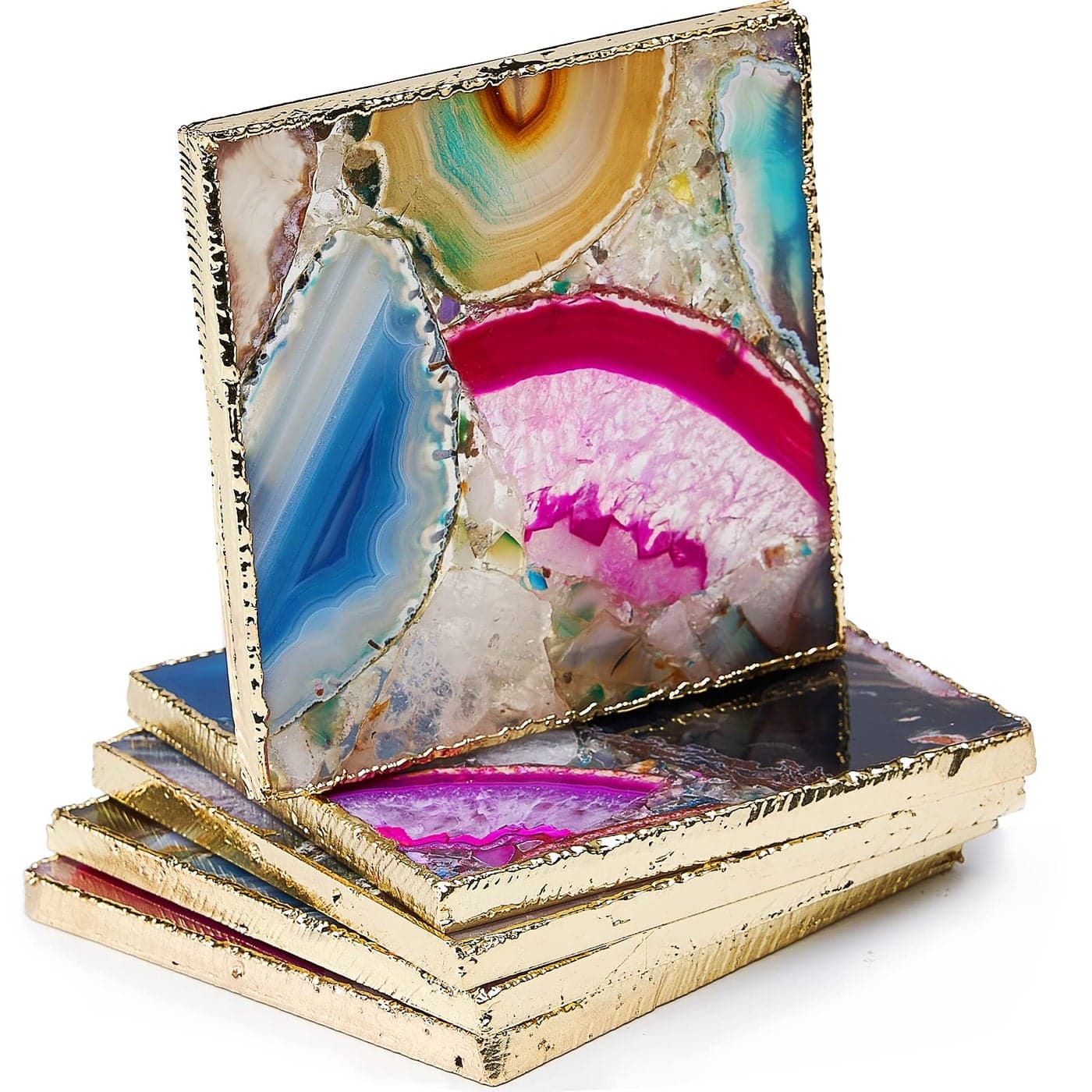 Agate Square Coasters Set of 4 Rainbow Crystal Coasters with Gold Edge for Home Decor