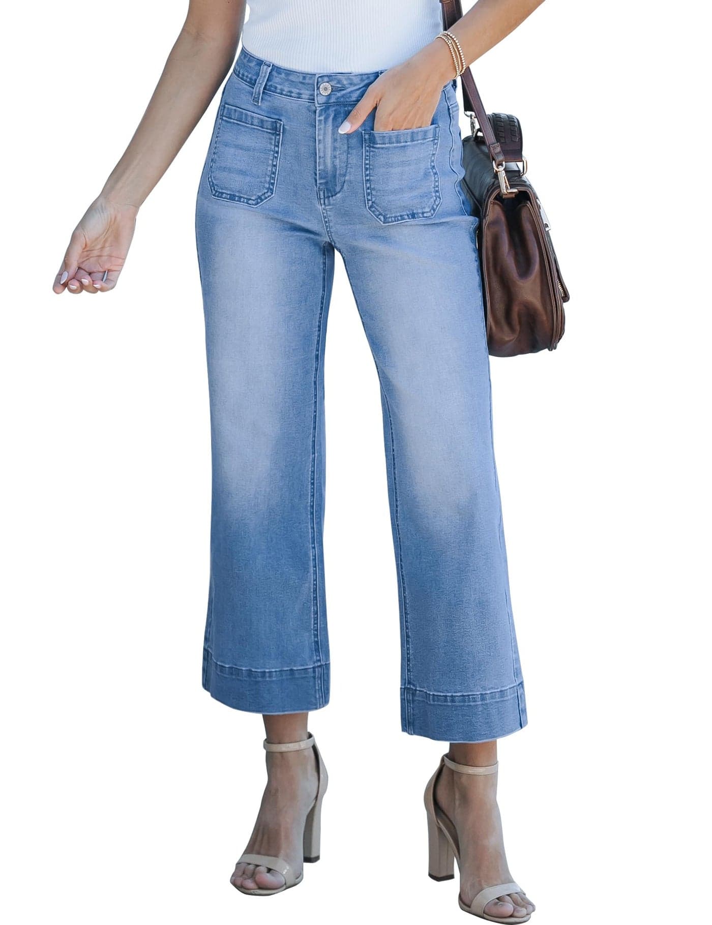 luvamia Wide Leg Jeans for Women Trendy High Waisted Flare Jeans Cropped Denim Pants Stretchy Baggy with Patch Pockets High Rise Wide Leg Jeans for Women's Stretch Jeans Medium Blue Size 4 Size 6