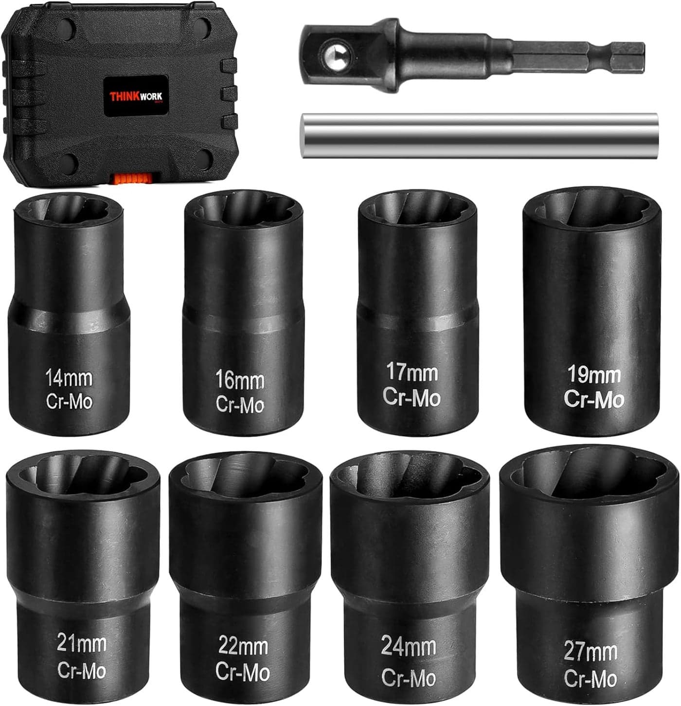 THINKWORK 1/2 Inch Drive Lug Nut Removal Tool Set - 10 Pieces for Stripped, Rounded, Damaged, Frozen, Rusted Bolts