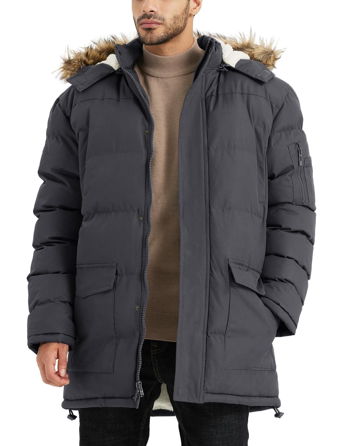 JAWERU Winter Coats For Men Winter Jackets Water Resistant Warm Thicken Puffy Hooded Insulated Thicken Parka Coat Grey L