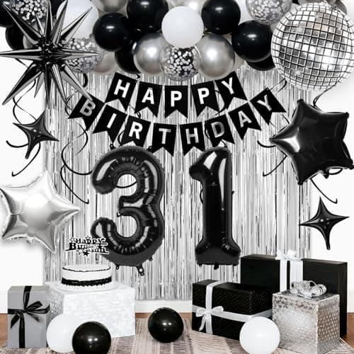 31st Birthday Decorations for Men Women Black Silver Happy Birthday Party Decorations 31 Year Old Party Supplies with Number 31 Balloons Banner Fringe Curtains Kit
