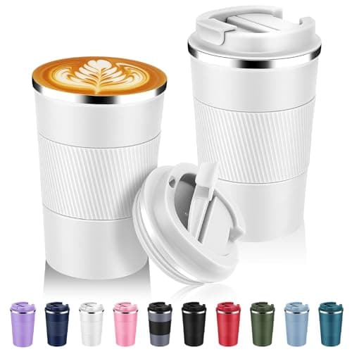 Volhoply 13 oz Stainless Steel Insulated Travel Coffee Mug with Fip Lid Bulk 2 Pack,Reusable Double Wall Vacuum Metal Coffee Cup,Portable Leak Proof Thermal Tumbler for Hot & Cold Drinks(White,2)