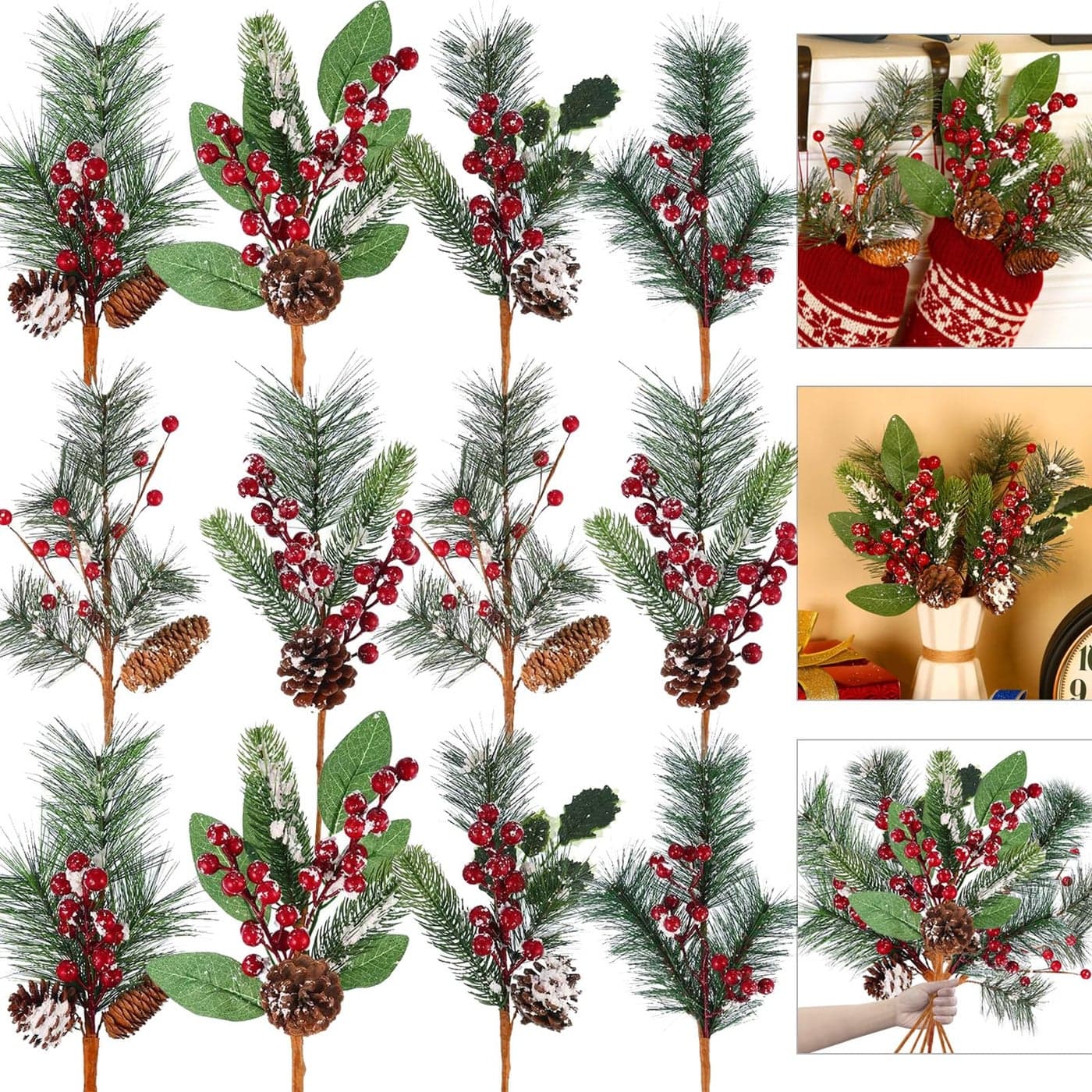 Tatuo 12 Pieces 14 Inches Christmas Artificial Picks and Sprays Large Faux Pine Cone Branches Assorted Berry Stem Picks Christmas Tree Decorations Holly Spray Pine for Floral Arrangement Wreaths Vase