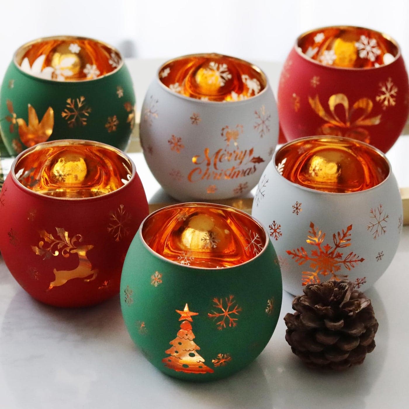 Christmas Votive Candle Holder Set of 6 Red Green White Glass Tealight Holder with 6 Laser Engraving Patterns for Winter Xmas Table Centerpiece Decor