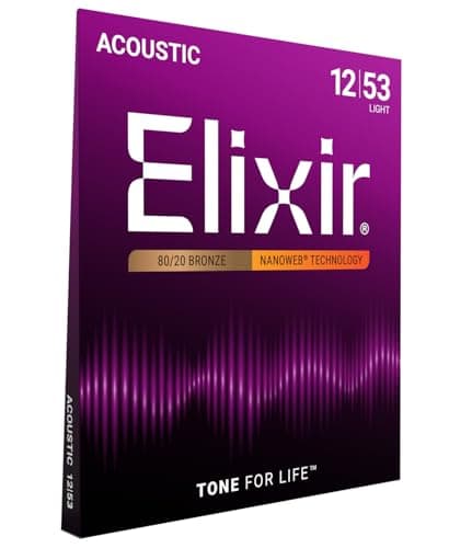 Elixir Strings, Acoustic Guitar Strings, 80/20 Bronze with NANOWEB Coating, Longest-Lasting Bright and Focused Tone with Comfortable Feel, 6 String Set, Light 12-53