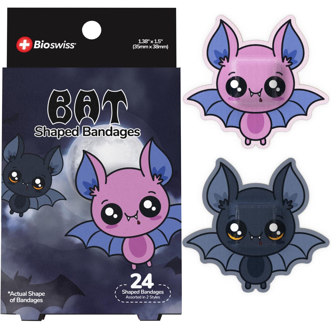 BioSwiss Bandages Halloween Bat Shaped Self Adhesive Bandage Set Latex Free Sterile Wound Care 24 Count