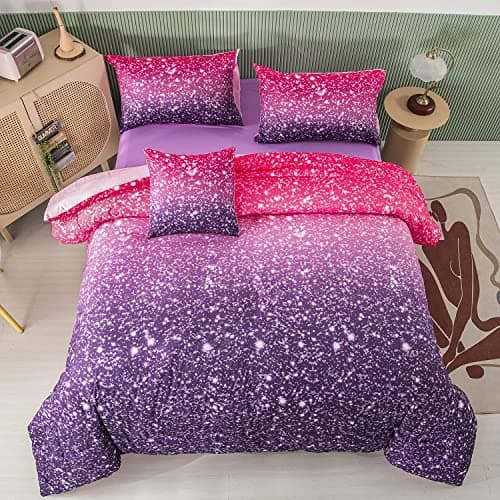 PERFEMET Purple Comforter Set Full Size - 6Pcs Colorful Rainbow Girls Bedding Set - Sparkly Pastel Ombre Bed in A Bag - (1 Comforter, 1 Flat Sheet, 1 Fitted Sheet, 2 Pillowcases, 1 Cushion Cover)