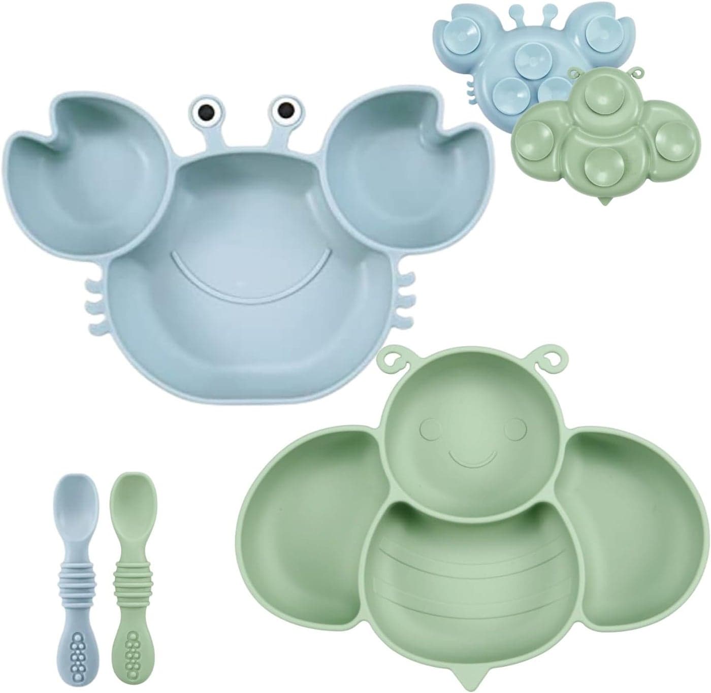 PandaEar 2 Pack Silicone Suction Plates for Baby Divided Unbreakable Toddler Plate with 2 Pack Spoons for Self Feeding Babies Utensils Feeding Set Baby Eating Supplies Crab Bee Shape BlueGreen