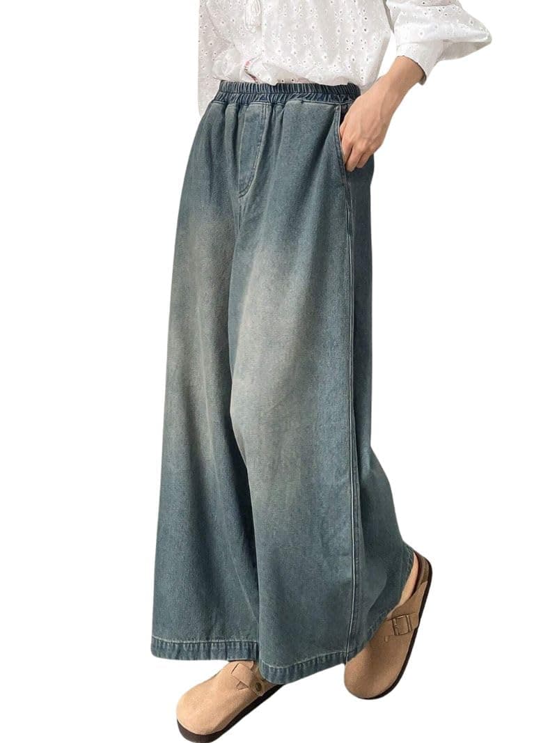 GRECIILOOKS Women's Wide Leg Denim Pants, High Waist Relaxed Fit Cotton Jeans, Vintage Washed Casual Palazzo Trousers (GL-TR1210-M-BLUE)