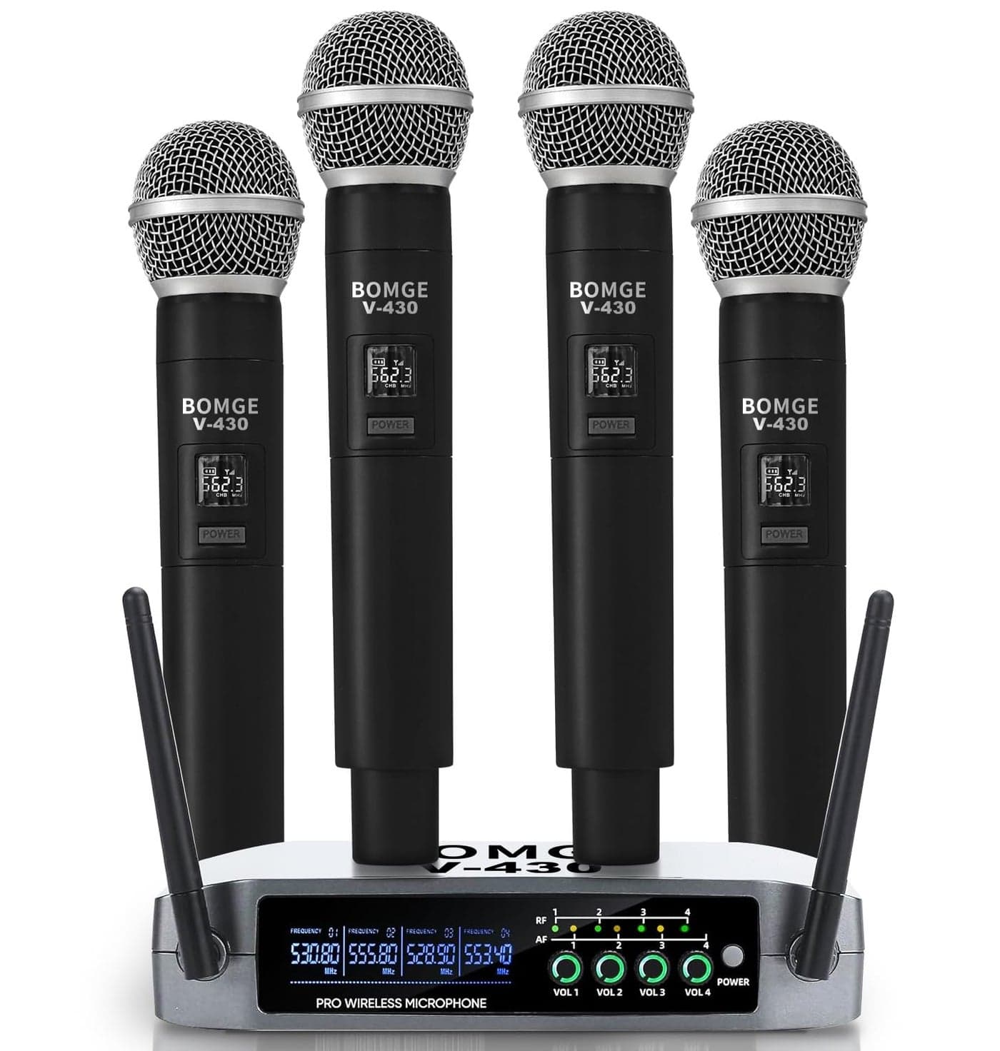 Wireless Microphone System, BOMGE Pro 4-Channel Cordless Mic Set with Four Handheld Mics, Fixed Frequency, Long Range 200ft, Ideal for Church,Karaoke, Events (V430)