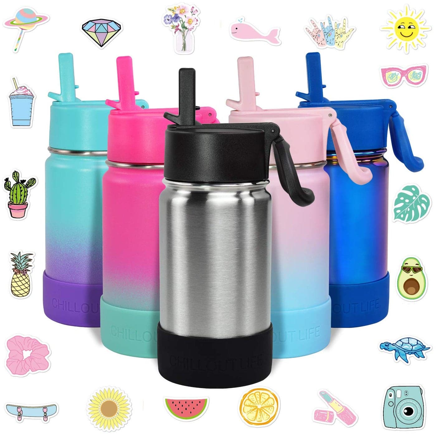 CHILLOUT LIFE 12 oz Kids Insulated Water Bottle for School with Straw Lid Leakproof and Cute Waterproof Stickers Personalized Stainless Steel Thermos Flask Metal Water Bottle Dishwasher Safe Color