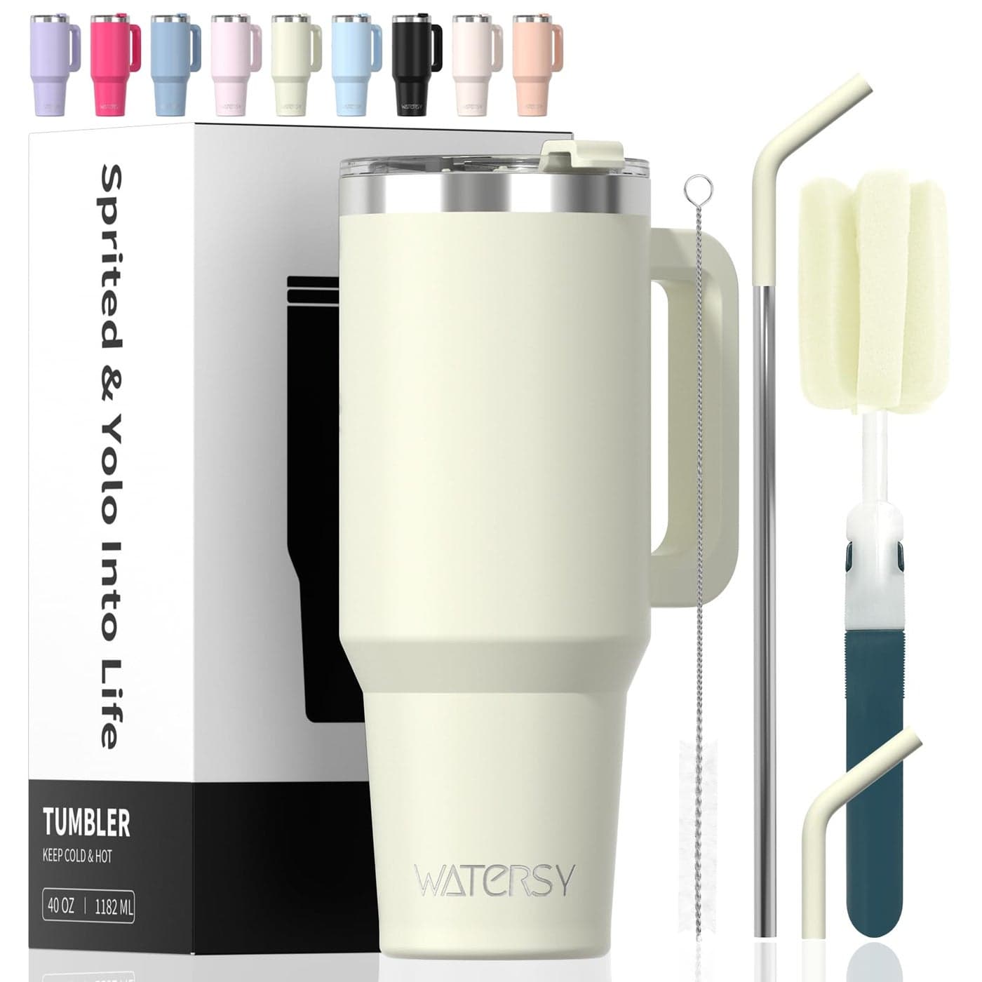 40 oz Tumbler with HandleTumbler with Lid and StrawDouble Wall Insulated Cup Stainless Steel Travel MugCold for 34 HoursWater Bottle for Iced TeaCoffeeCold BeveragesCream White
