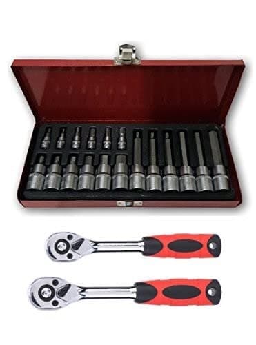 KROST Metal Allen Socket Set Hex Bit with 14 and 12 Inch Ratchet Handle Red 18 Piece