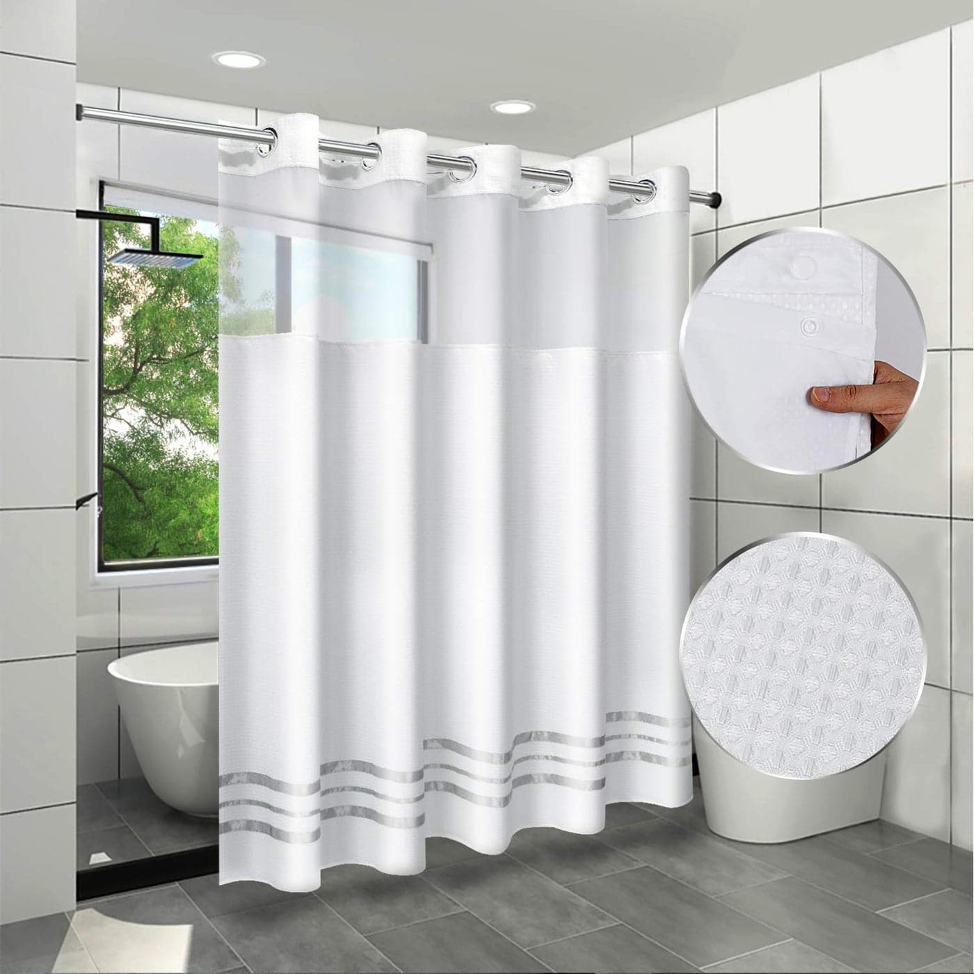 ARICHOMY 2023 Upgraded Shower Curtain Set Waffle Weave Curtain Fabric Shower Curtain Set Hook Free Removeable Liner 250GSM Machine Washable 71by 74inch White