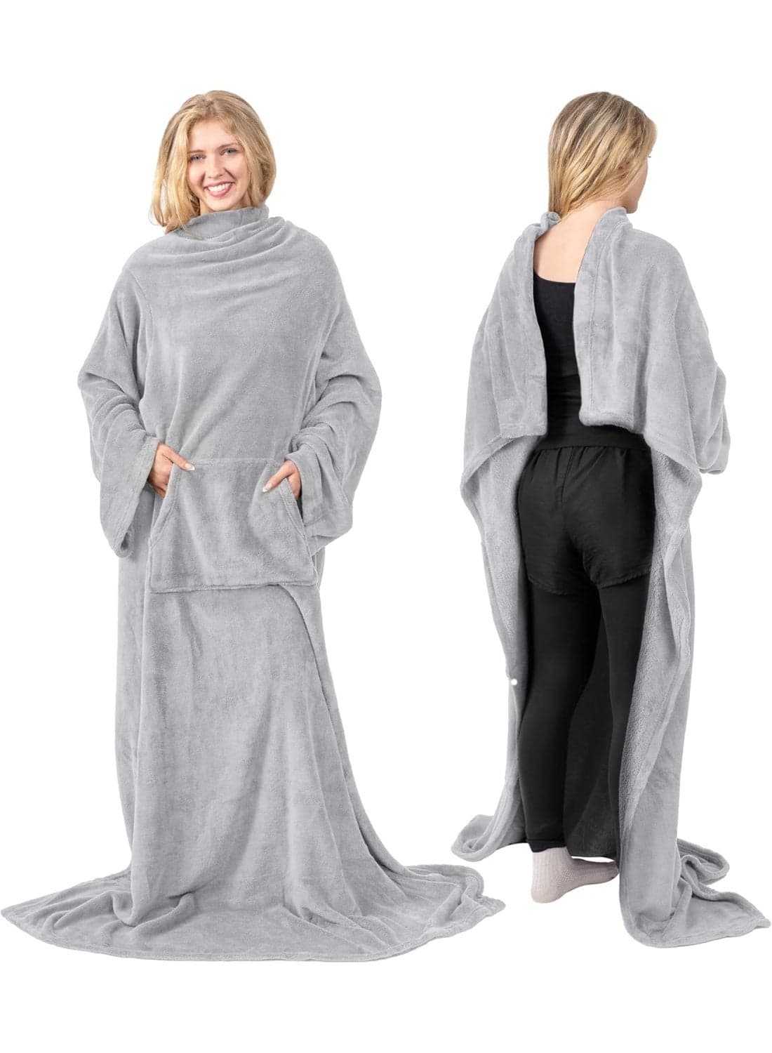 PAVILIA Fleece Wearable Blanket with Sleeves for Adults Women Men, Soft Warm Full Body Wrap Throw, Sweatshirt Pocket, Cozy Pullover Robe Blanket with...70" x 50".