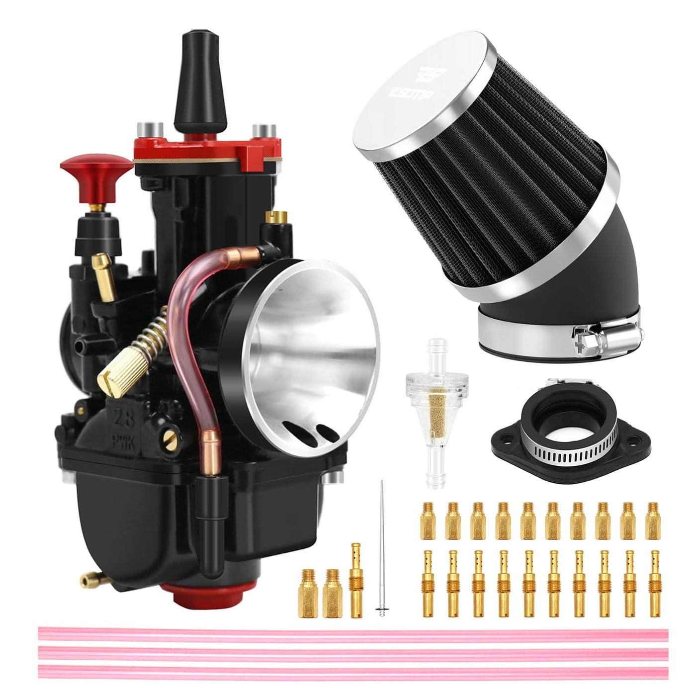 PWK 21mm Carburetor Racing Carb Kits with Air Filter 10pcs Main Jets 10pcs Slow Pilot Jets Universal for 2T 4T Engine Dirt Bike Motocross Motorcycle Scooter ATV Quad Go Kart 21mm