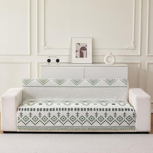 HOMETHREADS Chenille Bohemian Boho Style Sofa Cover | Thick & Soft Luxury Slipcover | Protective, Washable & Stylish Couch Cover for Living Room Décor. (Bohemian_Green, 4 Seater | 200x180cm)