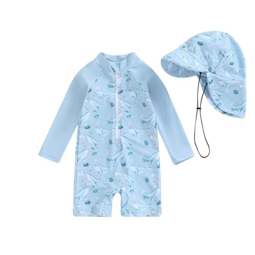Socutebabe Toddler Infant Baby Boys Girl Swimsuit Kids Rash Guard One Piece Newborn Zipper Bathing Suit Swimwear with Hat (ww-Blue,12-24 Months)