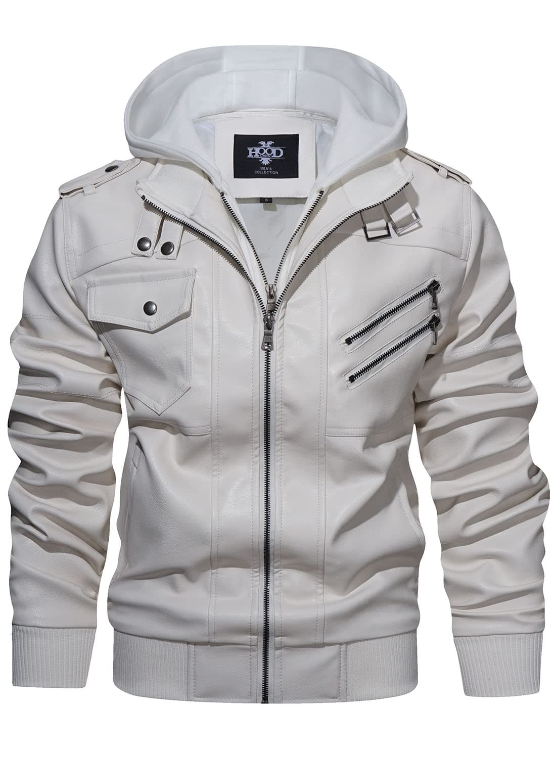 HOOD CREW Men’s Casual Stand Collar PU Faux Leather Zip-Up Motorcycle Bomber Jacket With a Removable Hood White XL