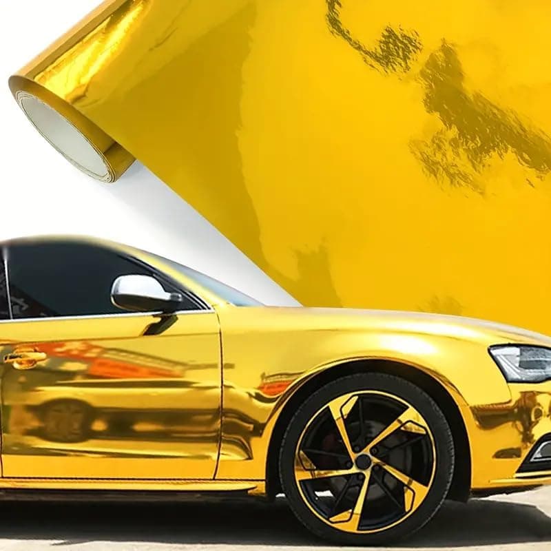 LIVECOOL™ 3D Chrome Mirror Golden Vinyl Wrap Adhesive Car Sticker Decal Film Adhesive Vinyl Wrap Car Sticker Decal Film Bike & Car Air Release Waterproof wrap Sheet (Golden Chrome wrap, 12 X 48 Inch)