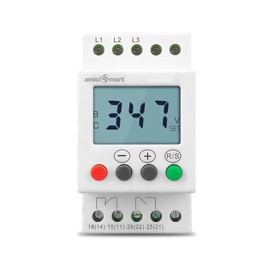 amiciSmart 3-Phase Over/Under Voltage Protection Relay 300–500V, Contactor Based Phase Unbalance & Sequence Protector with LCD Display and 1-Year Warranty