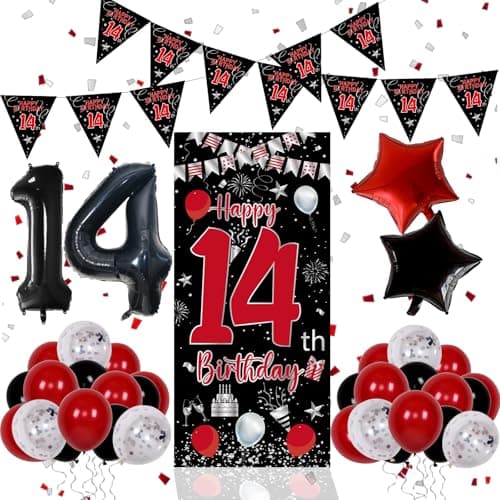 14th Birthday Decorations for Boys Girls Happy 14th Birthday Decorations Boy Red Black 14 Year Old Birthday Door Banner Sign Triangle Flag Large 14 Balloons Decor for 14 Bday Party Supplies