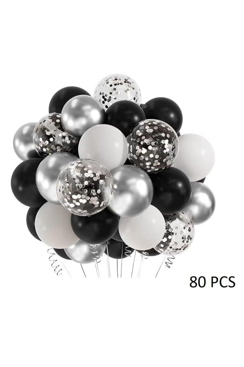 Pack of 80 PCS Of White Black Metallic Silver Confetti And Chrome Balloons For Birthday Anniversary And Graduation Party Decoration