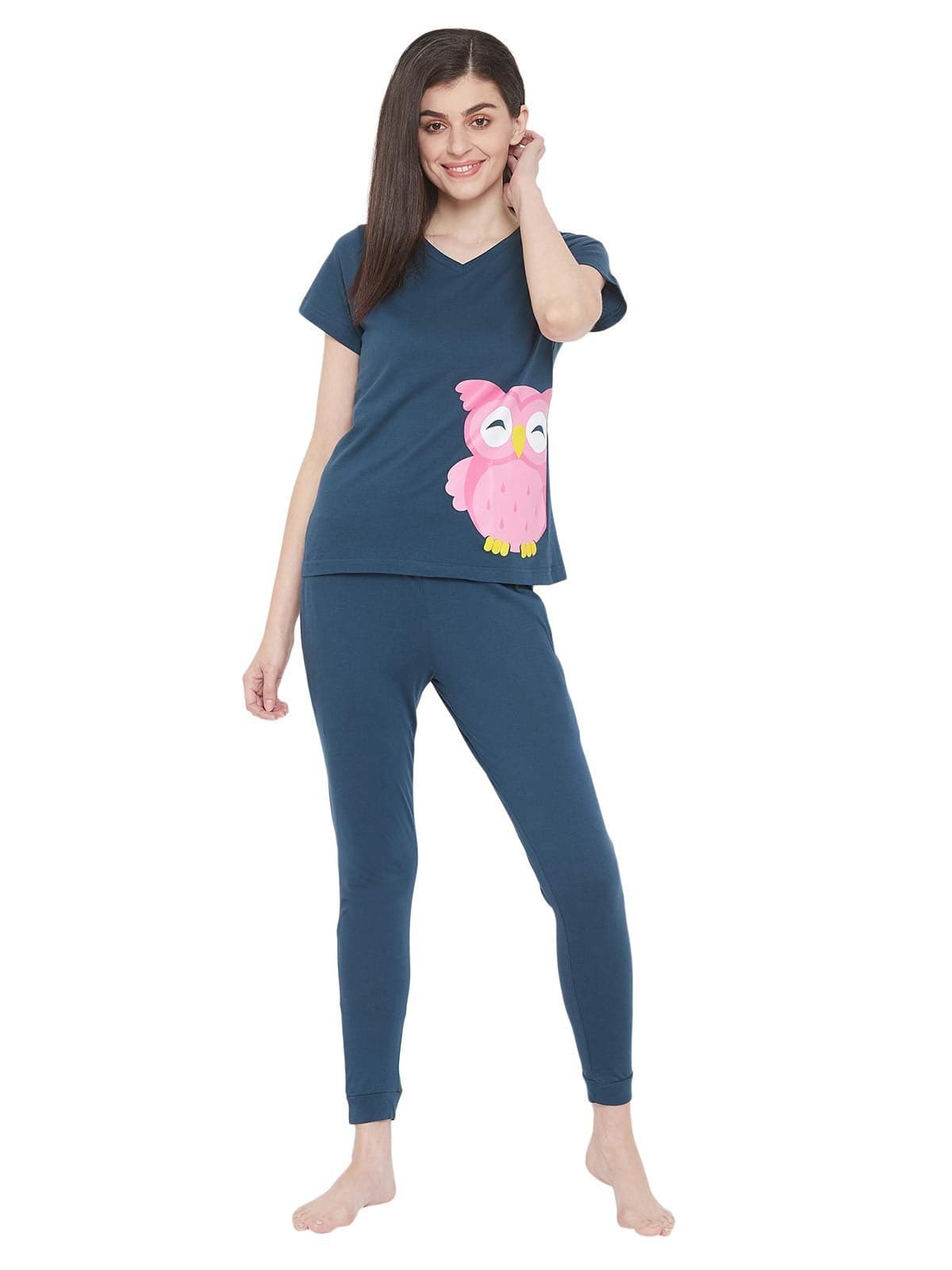 Clovia Women's Top & Pyjama Set Regular Pajama (LS0521P08XXL_Blue_XXL)