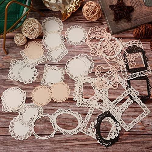 DREMISI 40 Pcs Vintage Scrapbooking Supplies Lace Scrapbook Paper Scrapbook Cutouts Flower Frame Cutout Decorative Paper Junk Journaling Supplies Aesthetic Stationery Craft SuppliesLace Flower