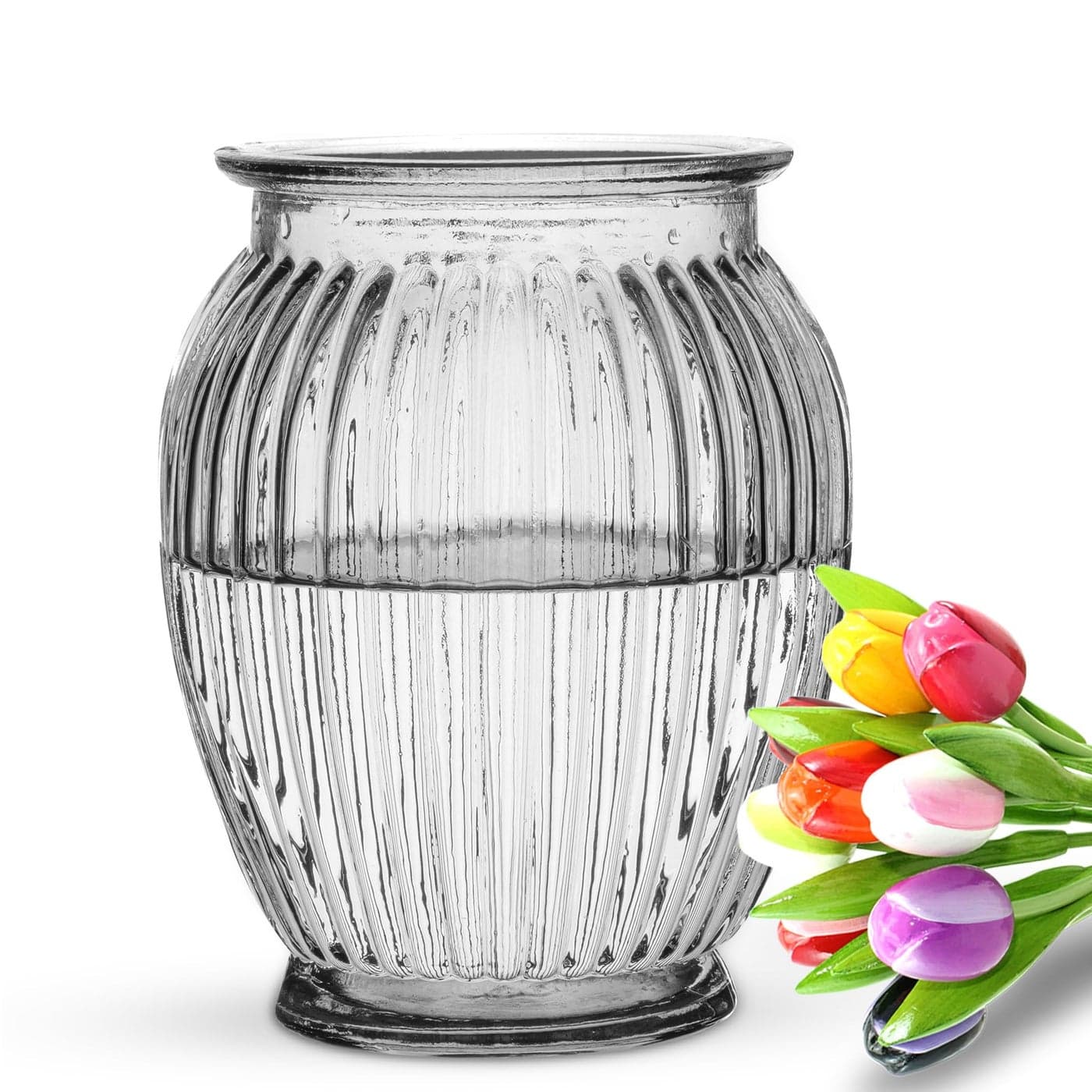 Wrenbury Ribbed Glass Vase for Flowers Large Clear Glass 18cm Tulip Vase for Roses Bud Daffodils or Peony Big Wide Round Mouth for Posy for Mum