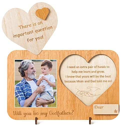 CJiangpo Will You Be My Godfather Proposal Gifts Picture Frame from Godchild, Wooden Godfather Announcement Photo Frame Father’s Day Birthday Gift