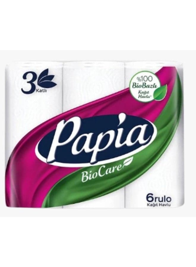 Papia Biocare Kitchen Towel 3-Ply – Pack of 6 Rolls | Strong, Absorbent & Hygienic