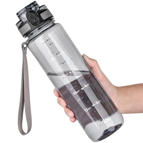 OLDLEY 32 oz Water Bottle, Motivational Water Bottle with Time Marker, Sports Water Bottle With Strap, Leakproof & BPA Free Large Water Bottles for School, Gym,Outdoor, Tritan, Transparent-Gray