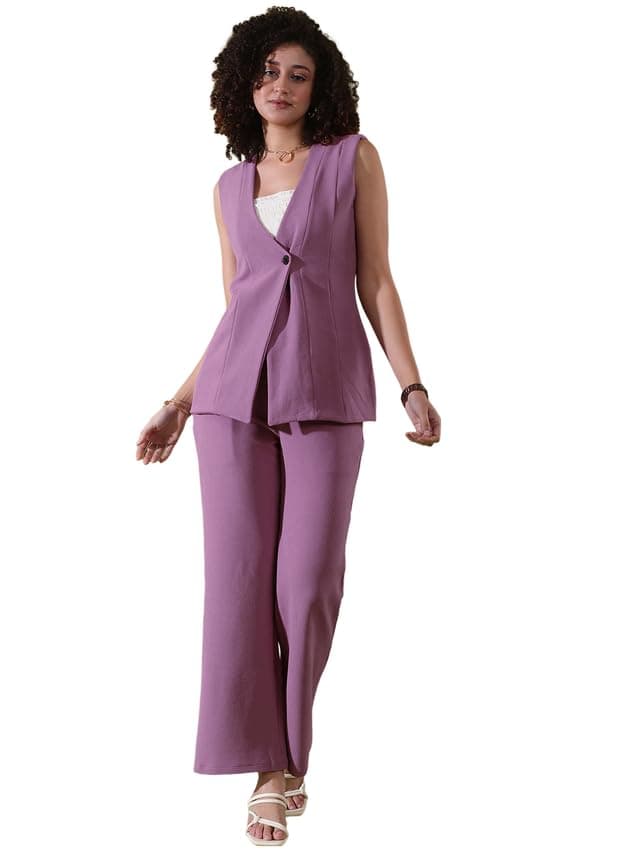 Selvia Women's Co-ords Set|Sleeveless Lycra V-Neck Co-ords Set|Top & Trouser Co-ords Set|2 Piece Co-ord Set (646CTK11303N-S_Lavender)