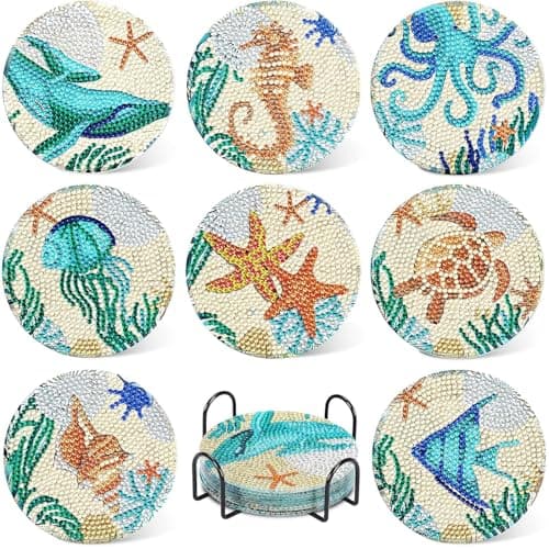 Diamond Art Painting Coaster Kit- 8Pcs DIY Crafts Kit with Holder, Tea,Coffee,Drink hot/Cold Coaster Set with 8 Coaster for Kitchen/Dining Table/Office/Restaurant.