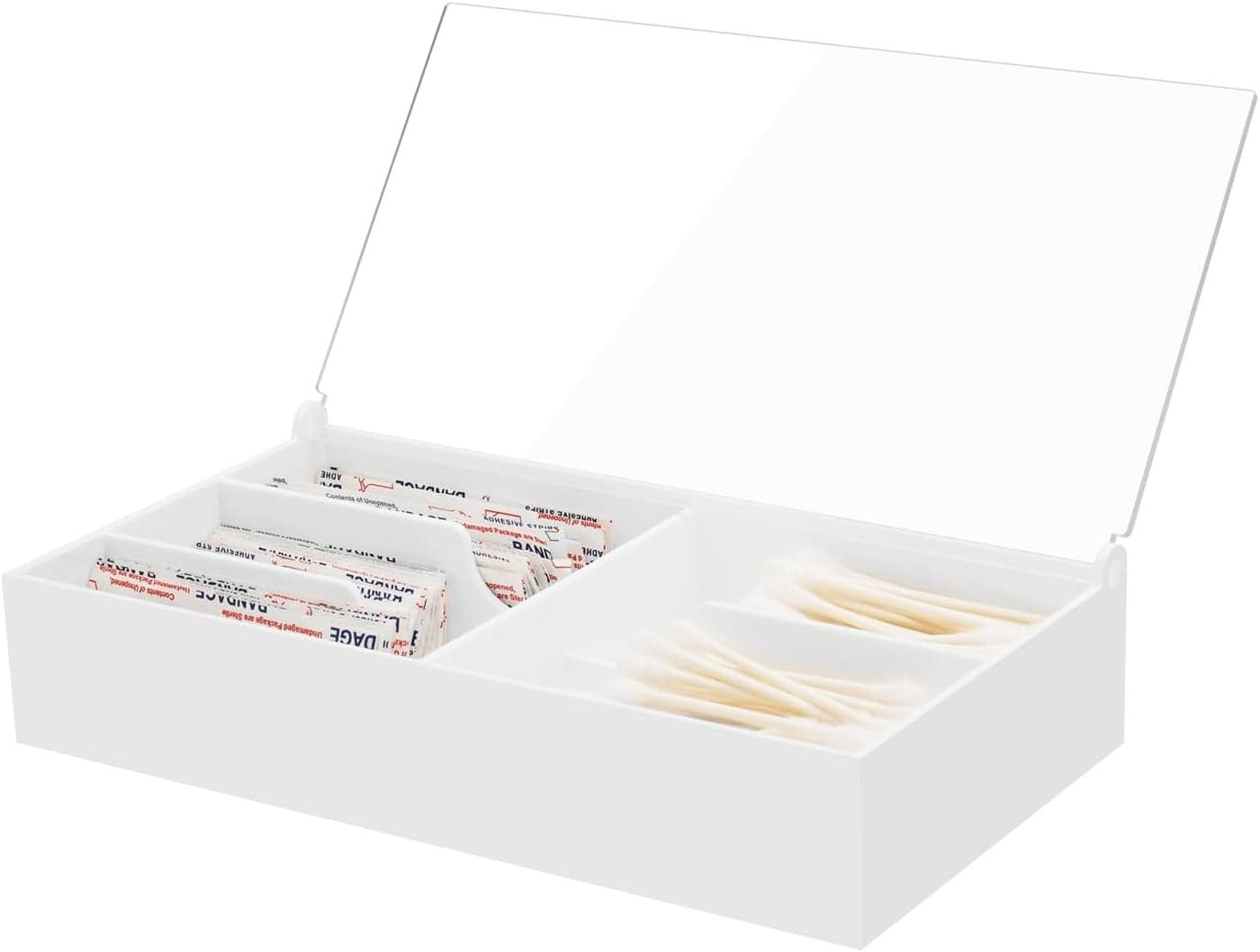 Beautyflier Organizer Case for BandAid Flexible Fabric Bandages Acrylic Holder for First Aid Bandage Storage Box for Cotton Swab Pills Paper Clips Flip Cover AntiDust Case Only White