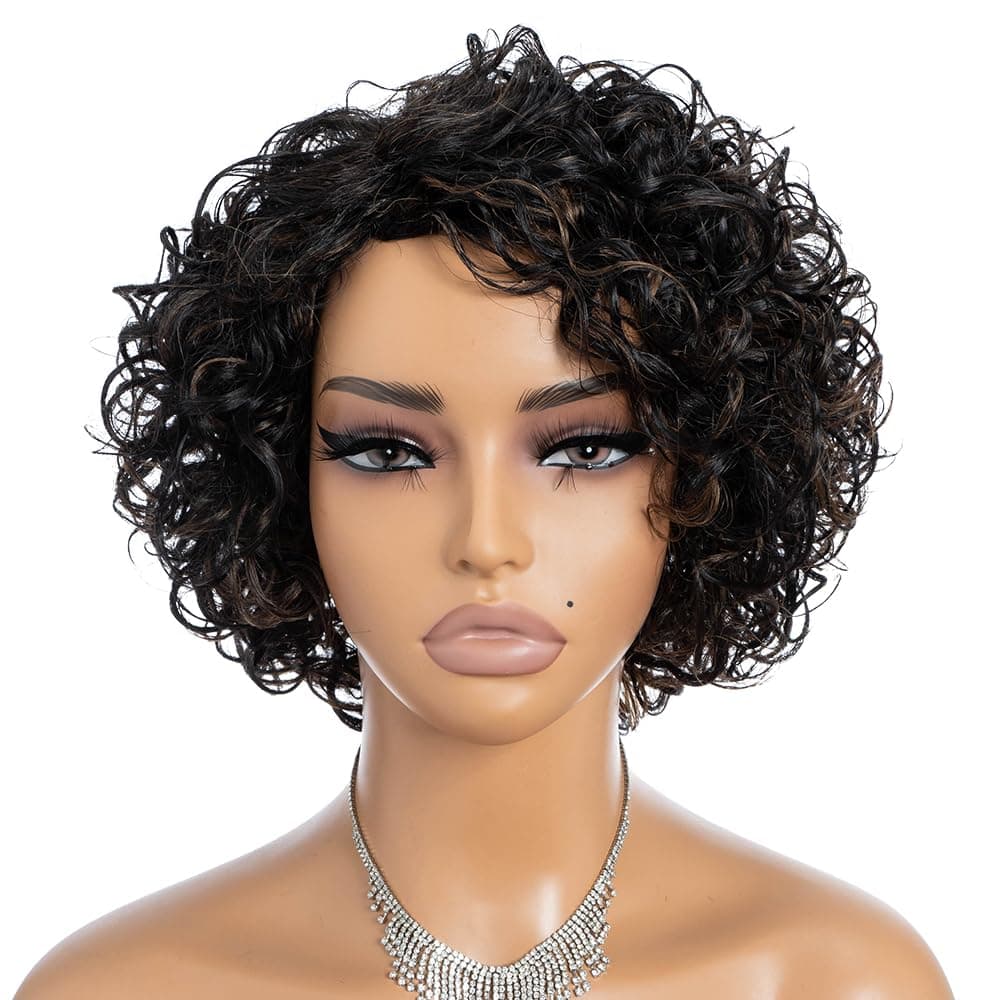 Rebecca Fashion Short Curly Human Hair Wigs for Black Women Cute Curly Bob Wig Side Part Non Lace Glueless Wigs Brazilian Remy Natural Looking Highlight Brown Black Mix Light Brown Color