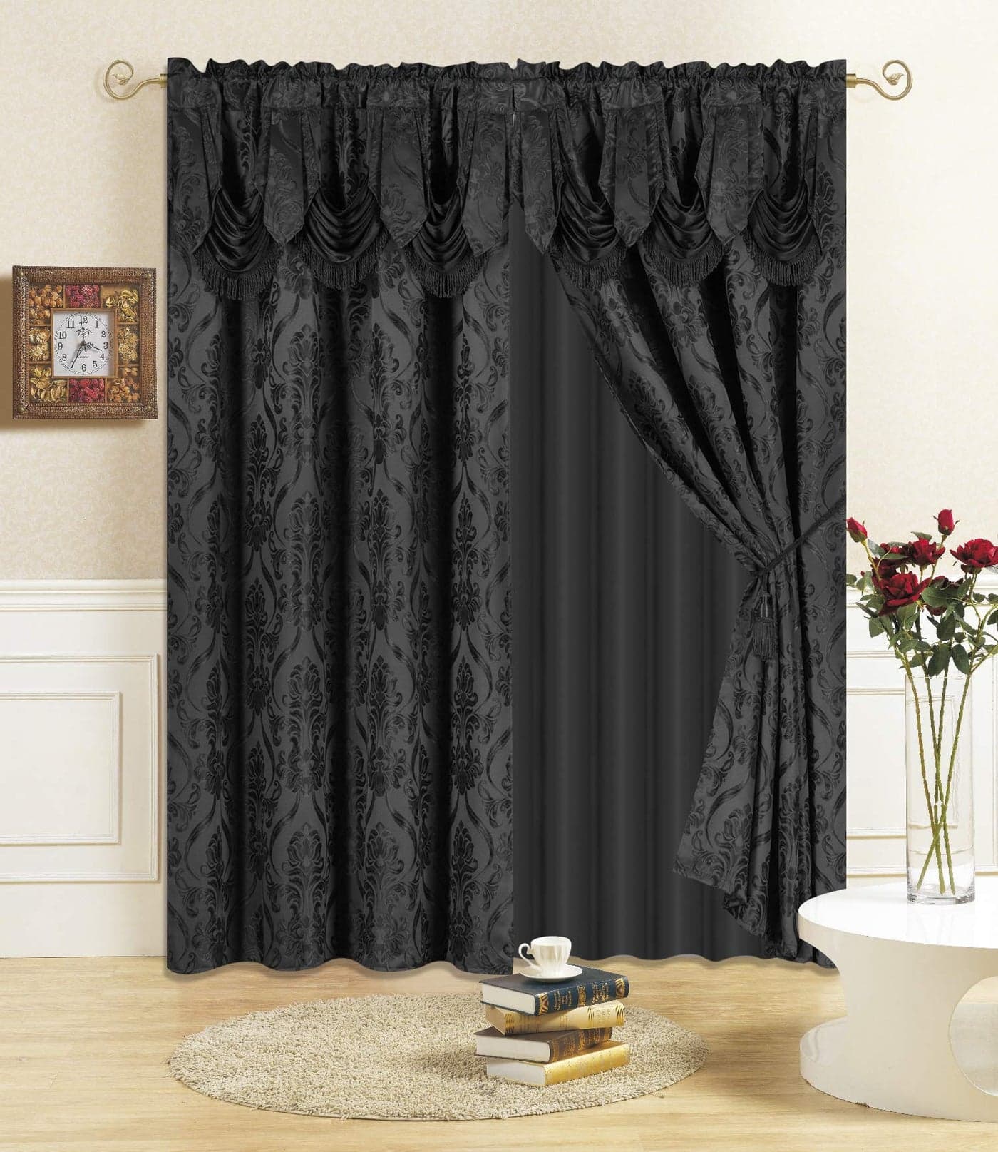 All American Collection New 4 Piece Drape Set with Attached Valance and Sheer with 2 Tie Backs Included 96 Length Black