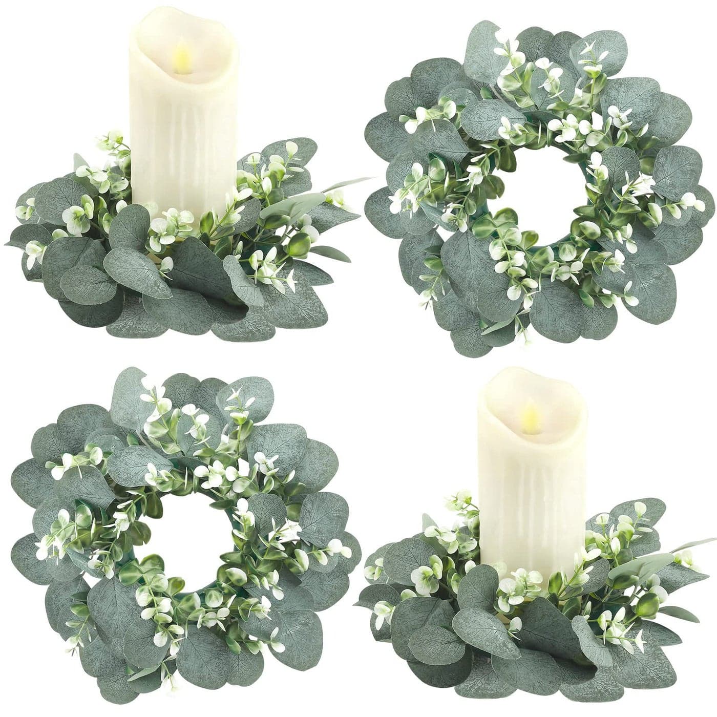Waydress 4 Pieces Candle Rings Artificial Eucalyptus Leaves Wreaths Small Boho Wreaths Rings Pillar Candle Holder for Wedding Home Door Tabletop Decoration
