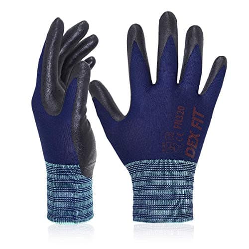 DEX FIT Premium Nylon Work Gloves FN320 - Firm Nitrile Grip, 3D-Comfort Stretchy Fit, Thin & Lightweight, Protective & Durable, Breathable, Machine Washable; Navy 8 (M) 3 Pairs
