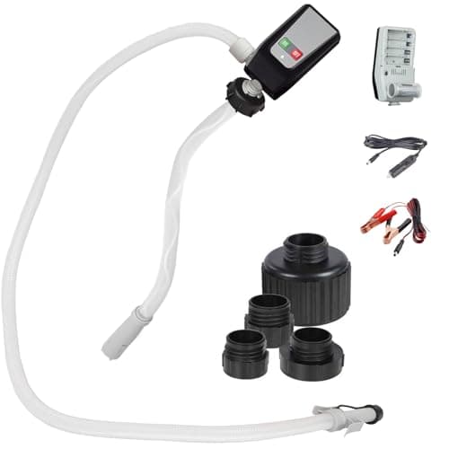 Humberto Fuel Transfer Pump AutoStop Gas Transfer Pump 32GPM AA Battery12V DC 3 Power Modes 4 Adapters for Most Gas Cans Extra Long Hose Portable Gas Pump for Gasoline Diesel Oil etc