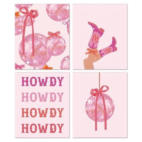 JWVK Pink Preppy Western Diamond Art Kits 4 Pack, Trendy Coquette Pink Bow Disco Ball Howdy DIY Diamond Gem Painting Art Kits for Girls Kids Adults Beginners, Preppy Cowgirl Room Decor 10x11.8 Inch