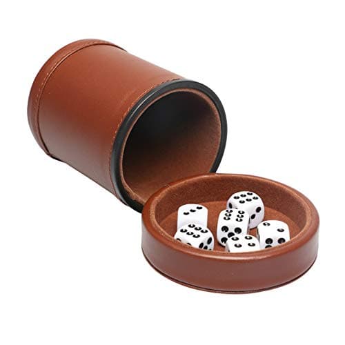 RERIVER PU Leather Dice Cup Set with Lid Dark Brown Felt Lining Quiet Shaker Cup Includes 6 Dot Dice for Liars Dice Farkle Yahtzee Board Games 1 Pack