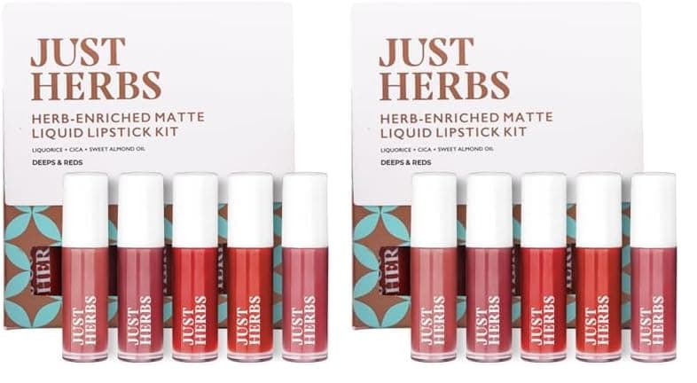 Just Herbs Ayurvedic Liquid Lipstick Kit Set of 5 with Long Lasting Matte Finish Hydrating Lightweight Lip Colour Deeps Reds Paraben Silicon Free 5 ml Pack of 2