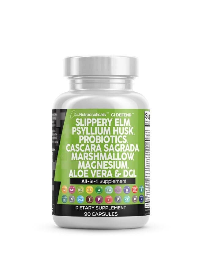Slippery Elm Psyllium Husk Pre Probiotic Digestive Gut Health Supplement with Aloe Vera Cascara Sagrada Marshmallow Root DGL Licorice Senna Extract